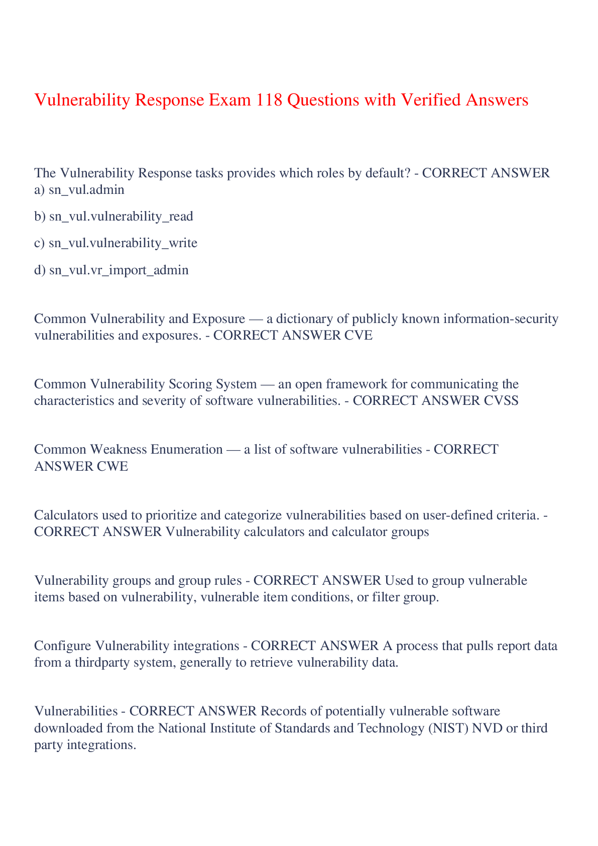 Preview image of Vulnerability Response Exam 118 Questions with Verified Answers,100% CORRECT document