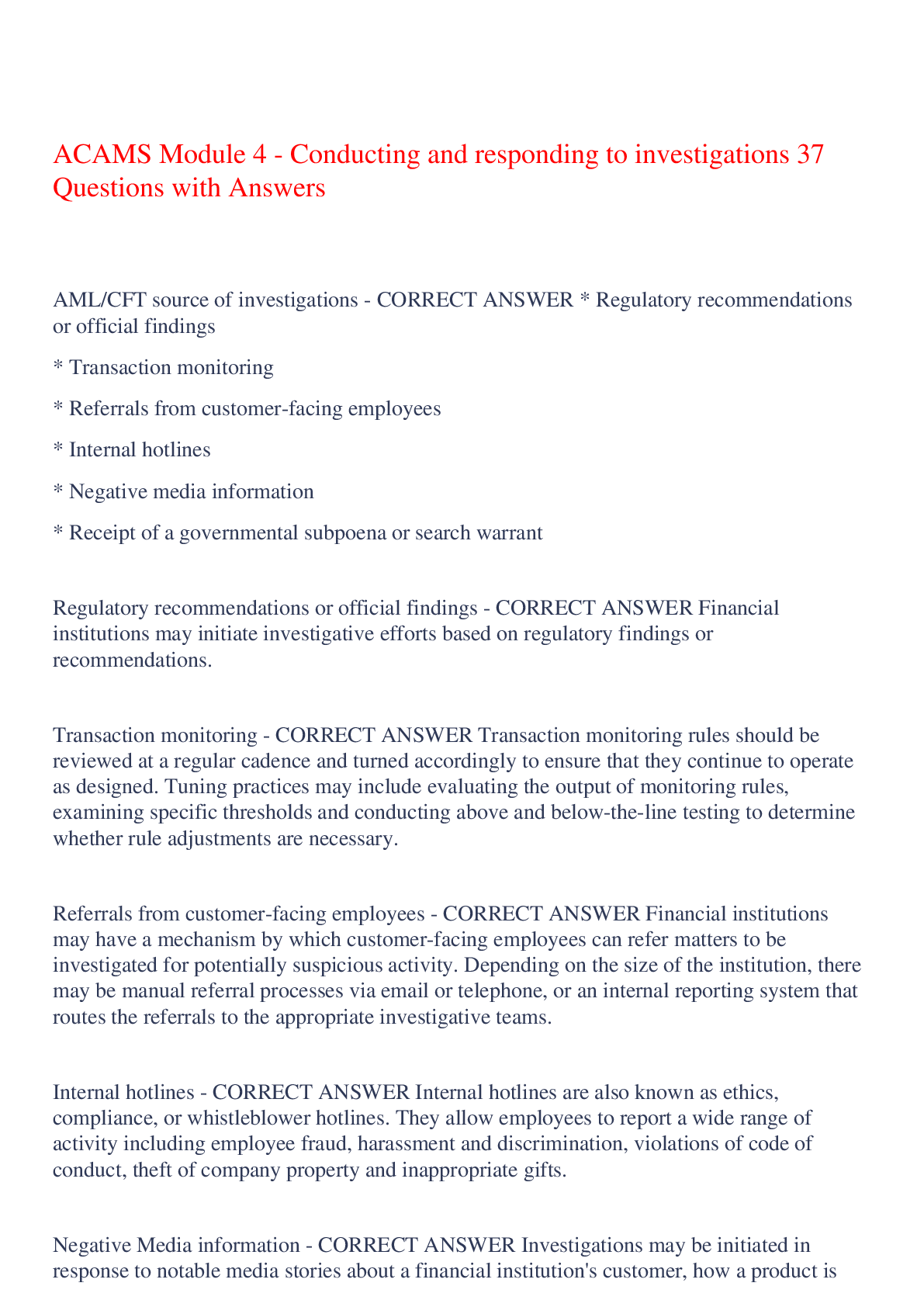 Preview image of ACAMS Module 4 - Conducting and responding to investigations 37 Questions with Answers,100% CORRECT document