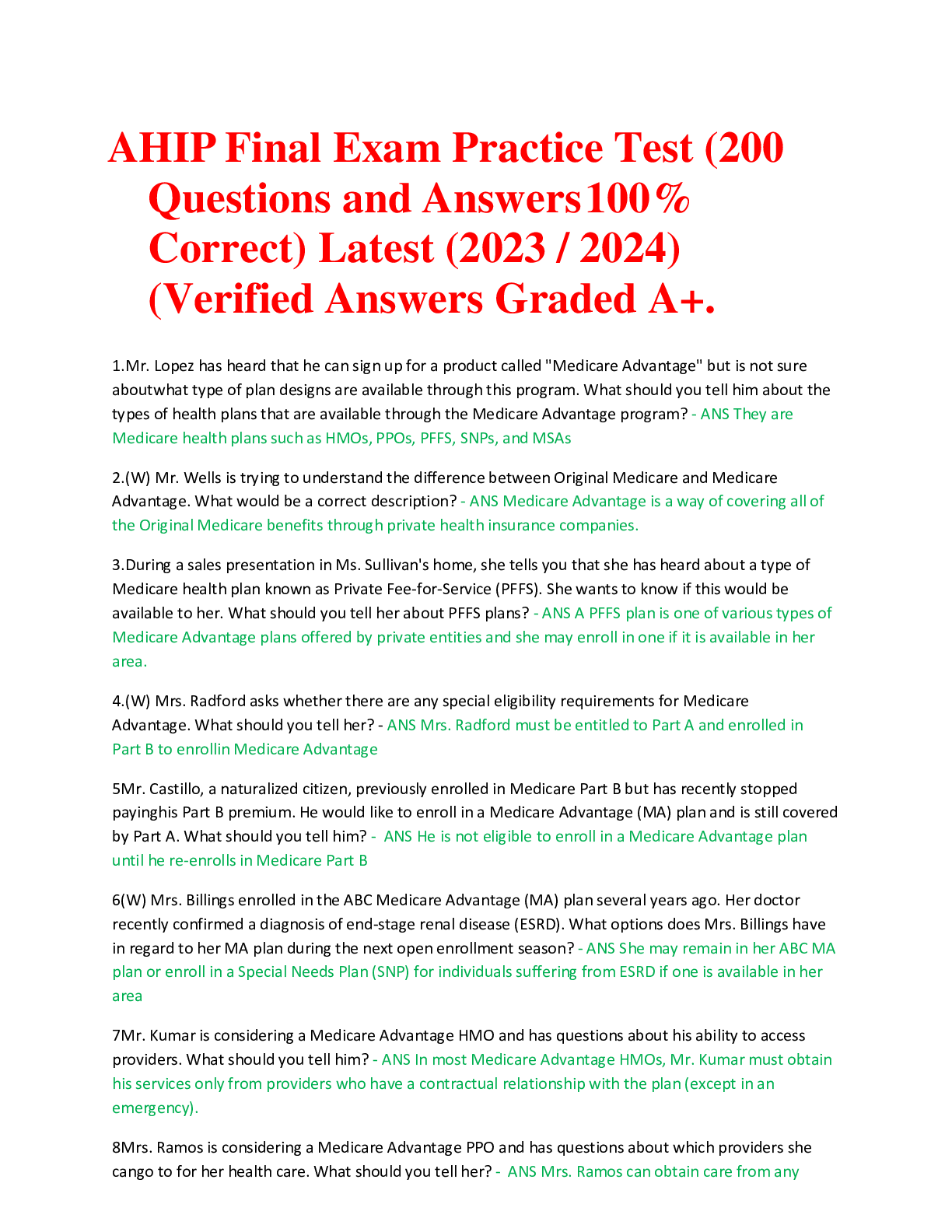 Preview image for AHIP Final Exam Practice Test (200 Questions and Answers 100% Correct) Latest (2023 / 2024) (Verified Answers Graded A+.