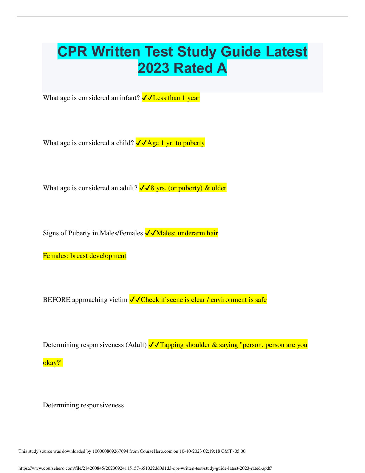 Preview image of CPR Written Test Study Guide Latest2023 Rated A document
