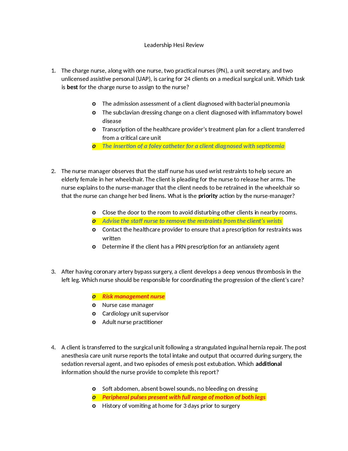 Recommended document preview for 2023 Hesi Leadership Exit Exam V1 & V2 TB Guide (Brand New!!) A++ All Q&As Included!!