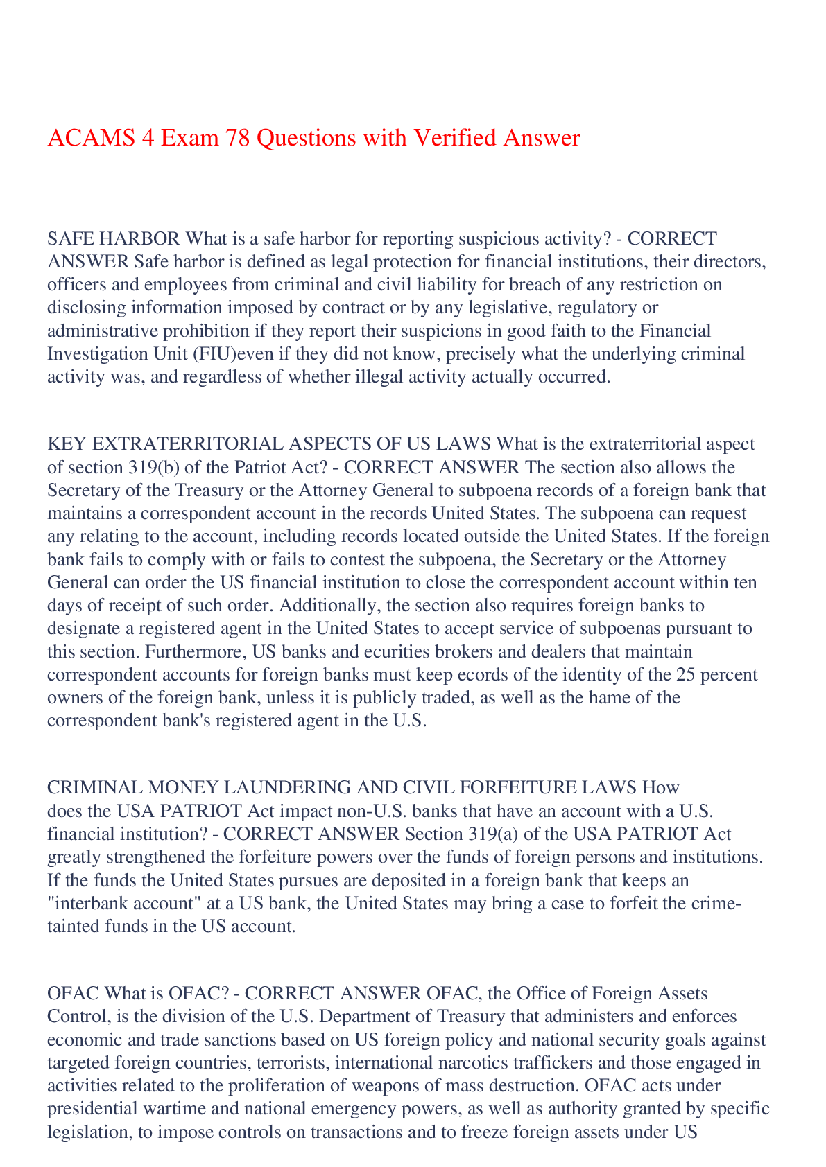 Preview image of ACAMS 4 Exam 78 Questions with Verified Answer,100% CORRECT document