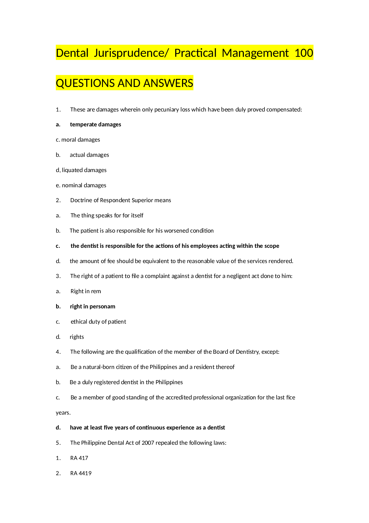 Preview of Dental Jurisprudence Practical Management 100QUESTIONS AND ANSWERS