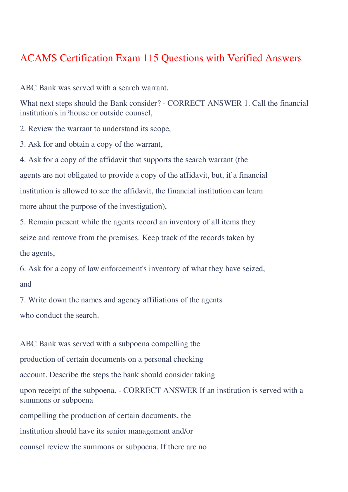 Preview of ACAMS Certification Exam 115 Questions with Verified Answers,100% CORRECT