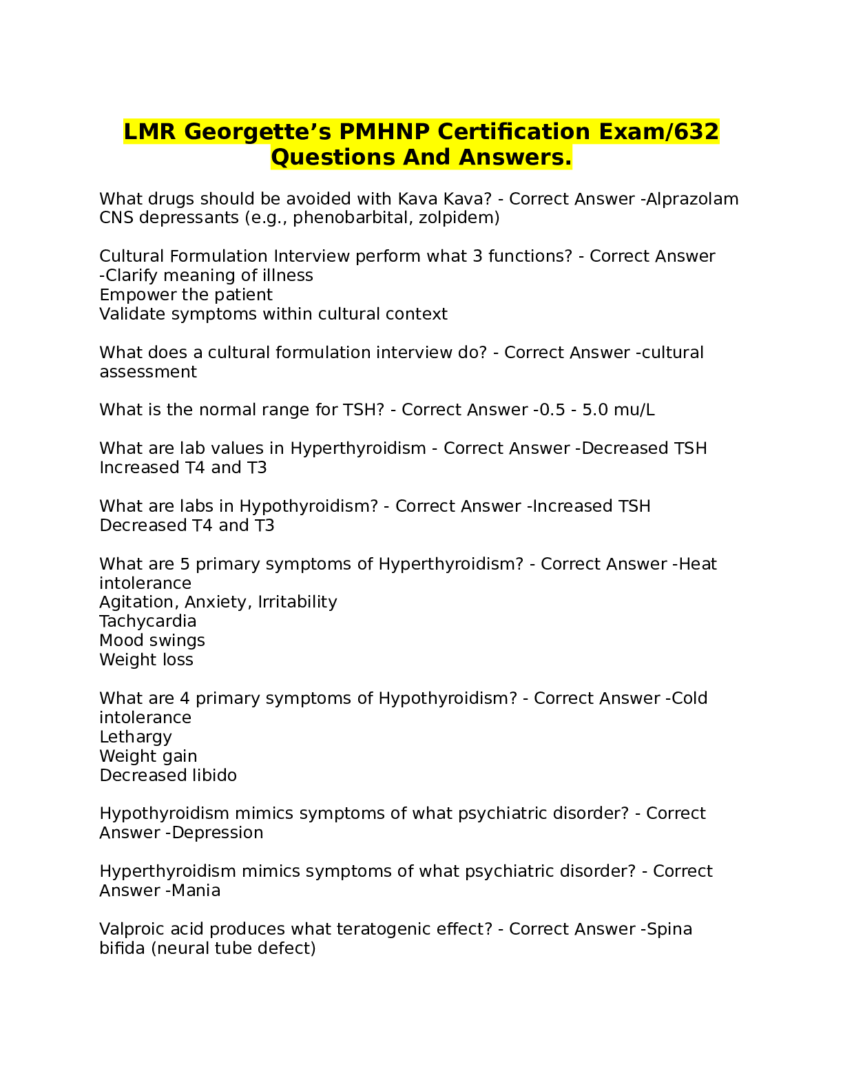 Preview of LMR Georgette's PMHNP Certification Exam632Questions And Answers