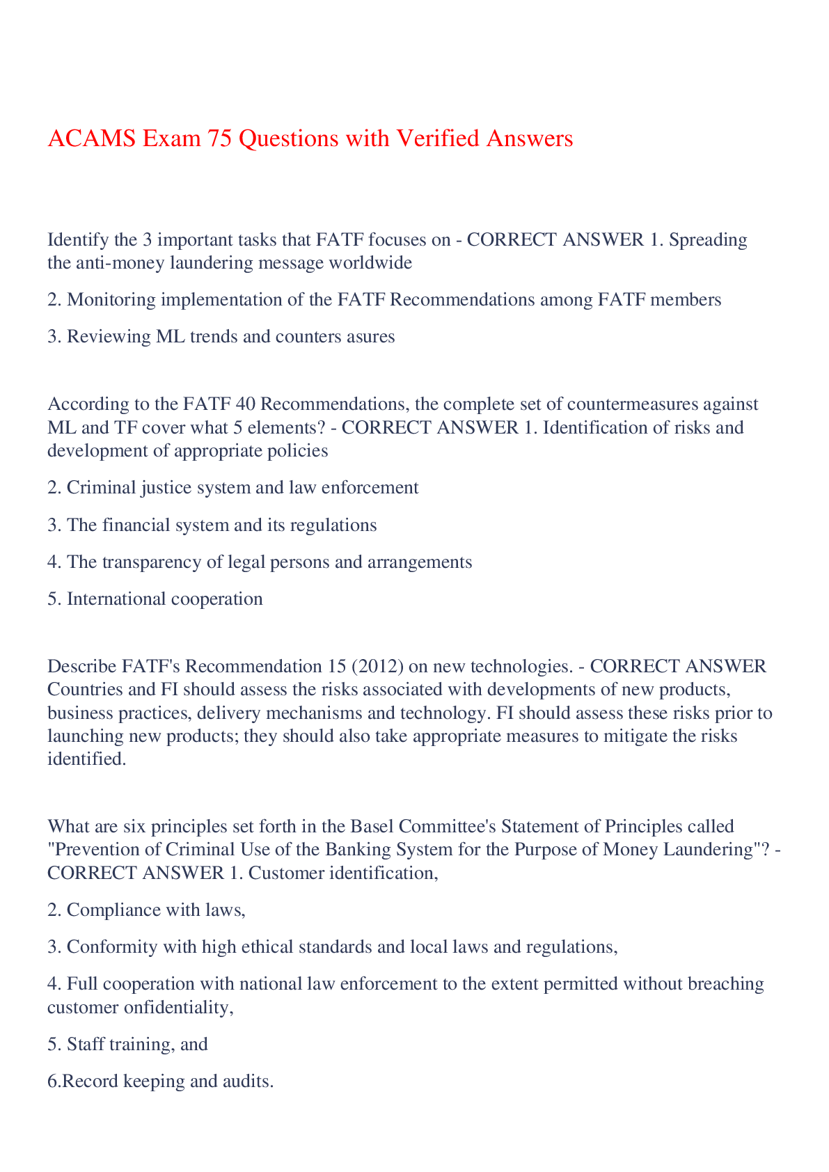 Preview of ACAMS Exam 75 Questions with Verified Answers,100% CORRECT