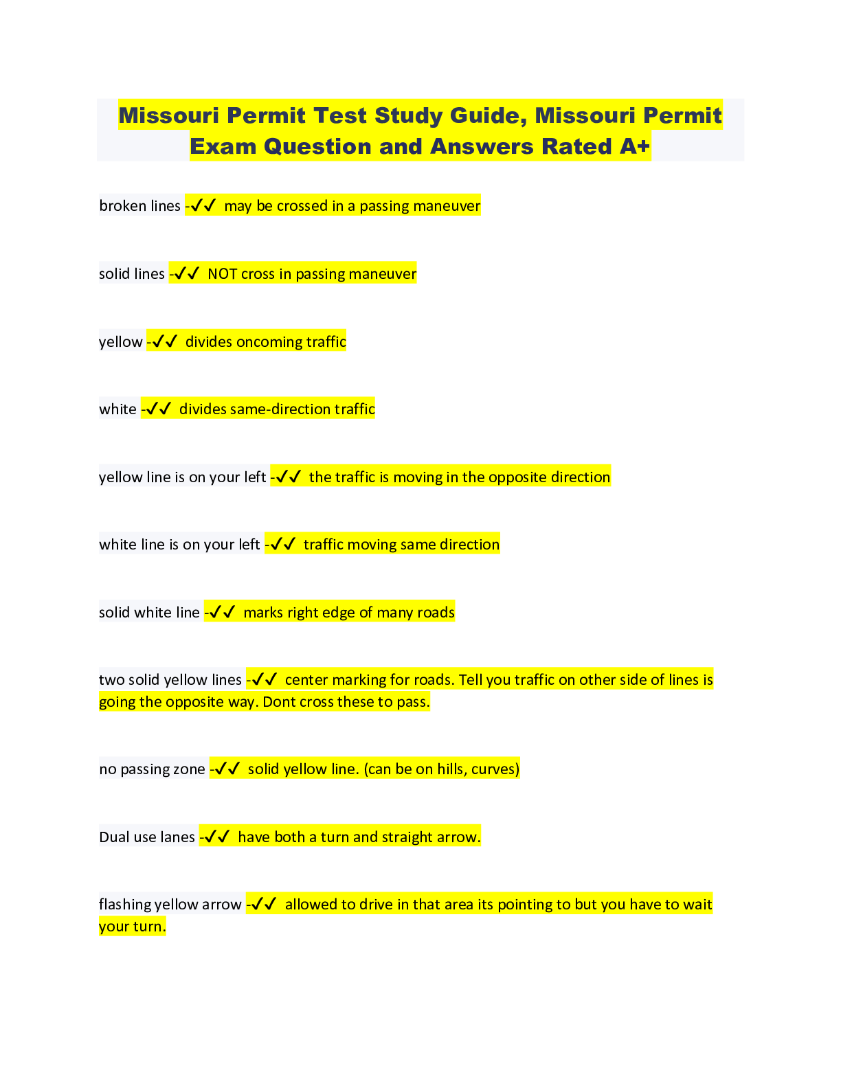 Missouri Permit Test Study Guide, Missouri PermitExamQuestion and Answers Rated A+