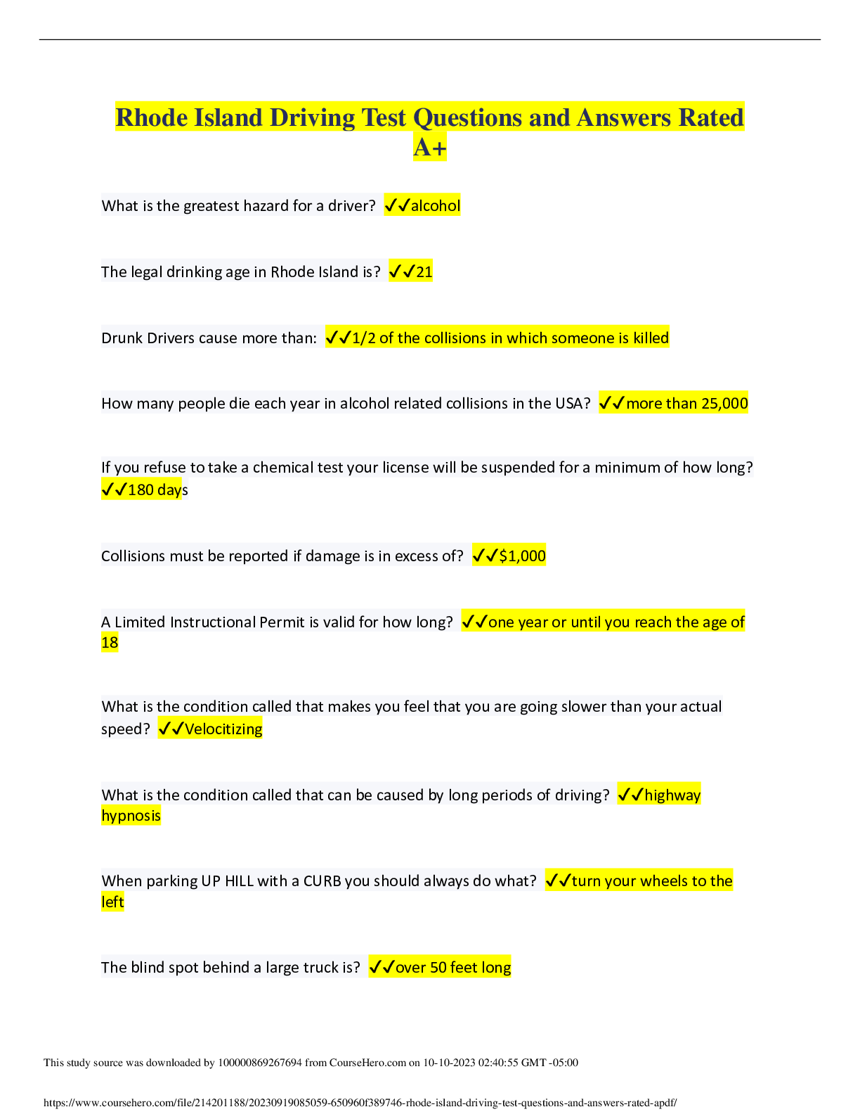 Preview of Rhode Island Driving Test Questions and Answers RatedA+