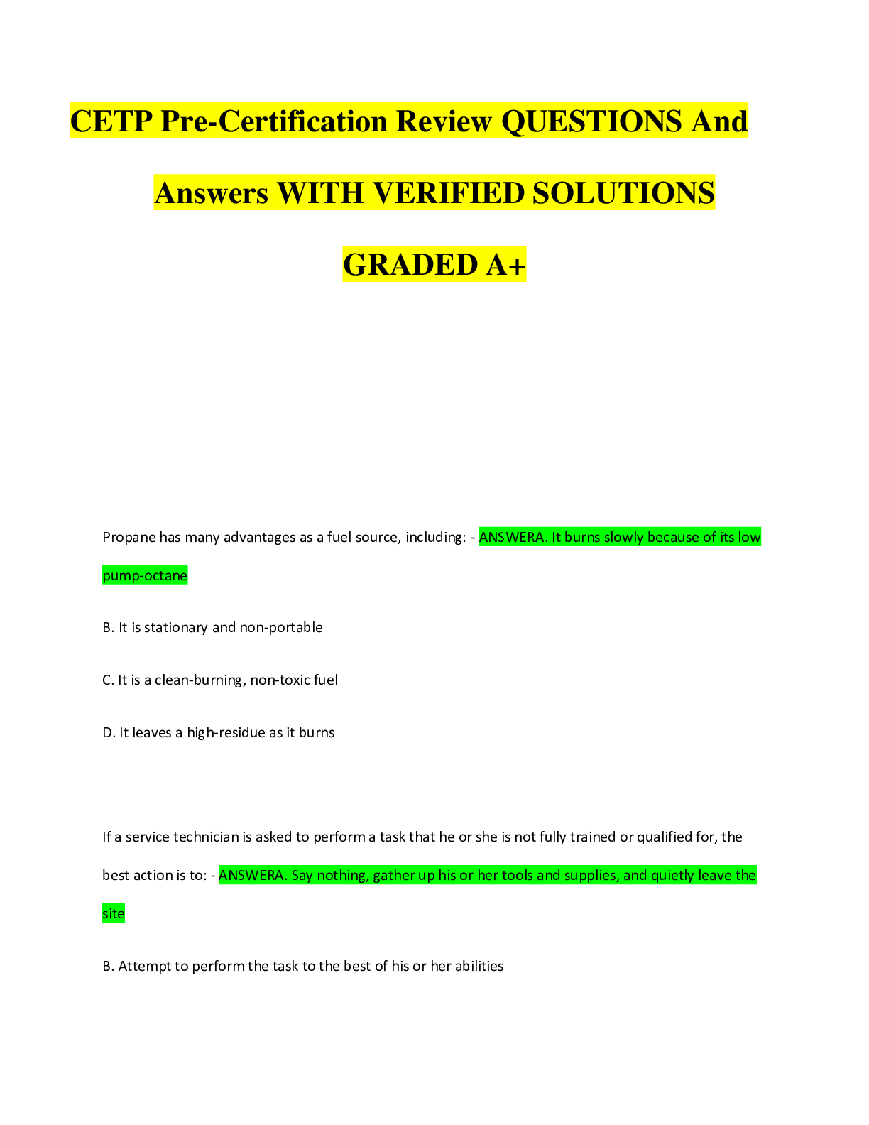 Preview of CETP Pre-Certification ReviewQUESTIONS And Answers WITH VERIFIED SOLUTIONS GRADED A+
