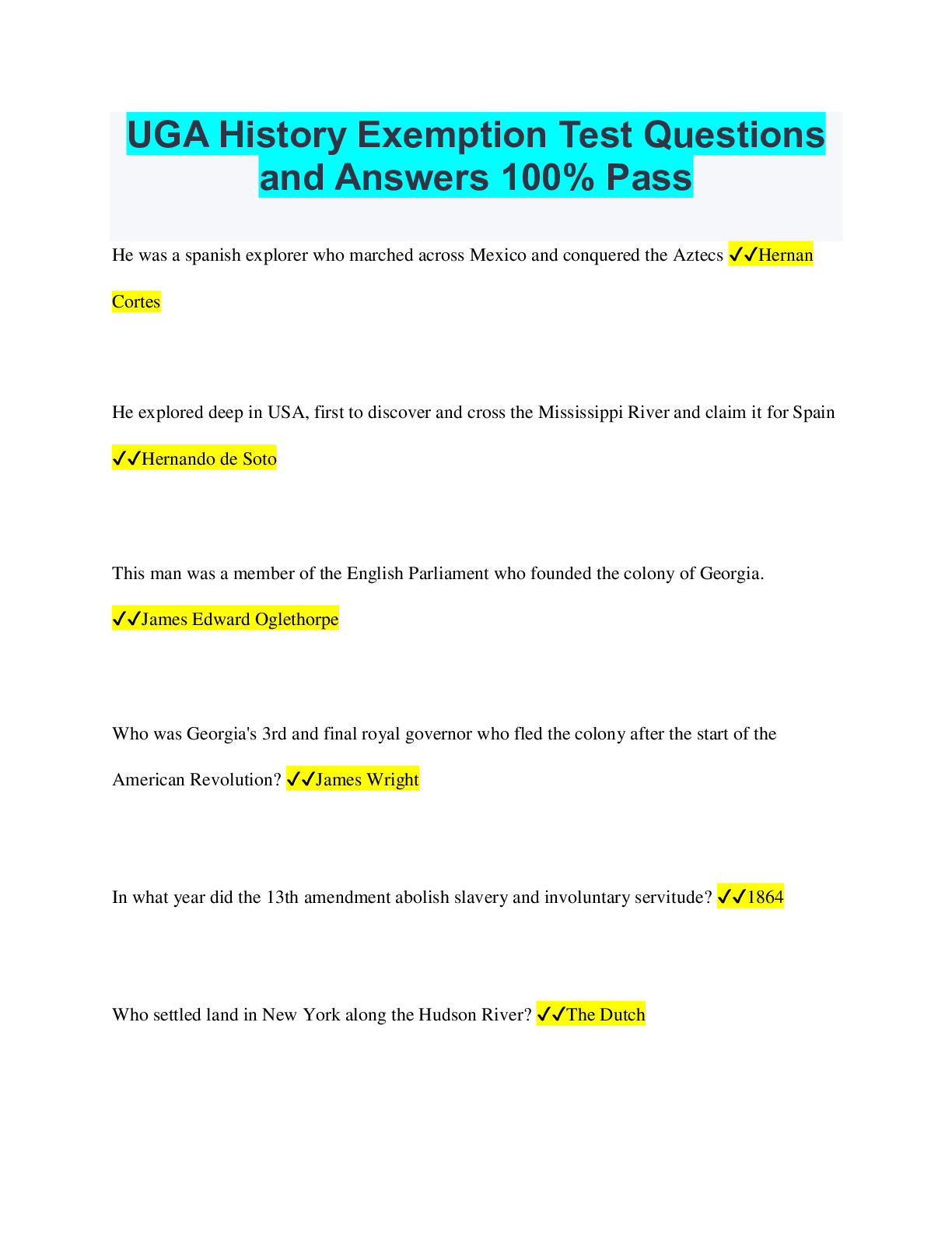 Preview of UGA History Exemption Test Questionsand Answers 100% Pass