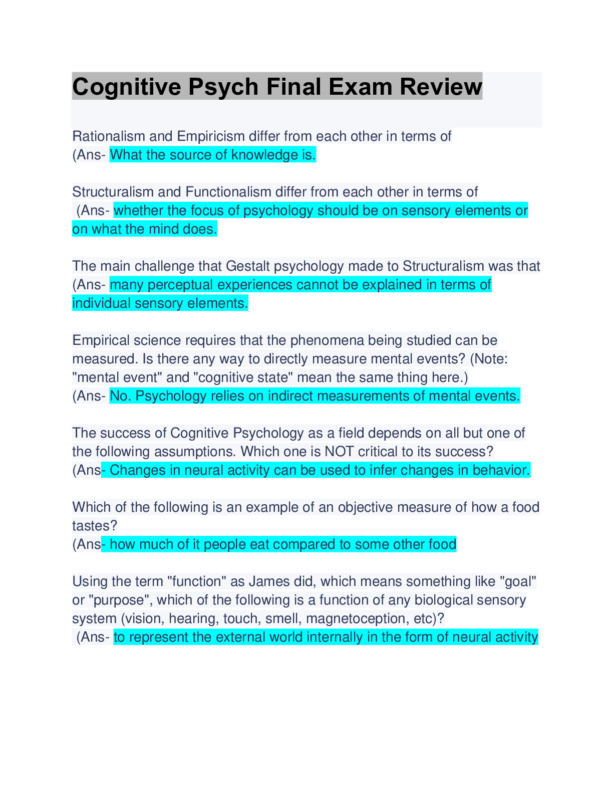 Preview image for Cognitive Psych Final Exam Review: 100% Verified Questions & Answers: A+ Score