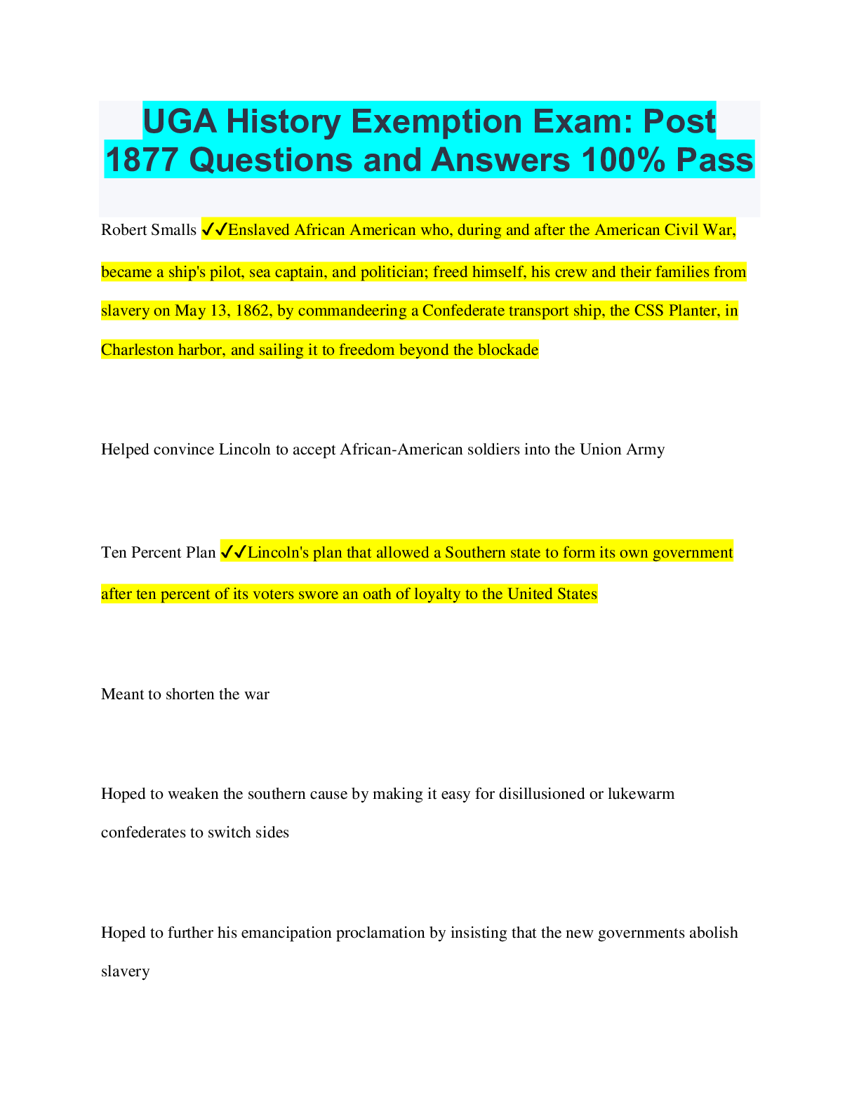 Preview of UGA History Exemption Exam Post1877 Questions and Answers 100% Pass