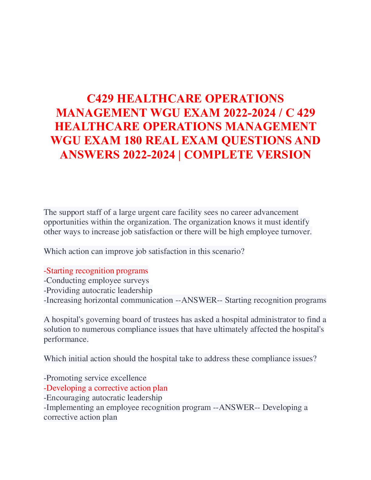 Preview of C429 HEALTHCARE OPERATIONSMANAGEMENT WGU EXAM 2022-2024  C 429HEALTHCARE OPERATIONS MANAGE