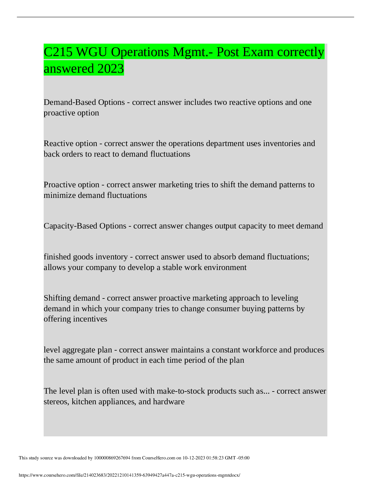 Preview of C215 WGU Operations Mgmt.- Post Exam correctlyanswered 2023