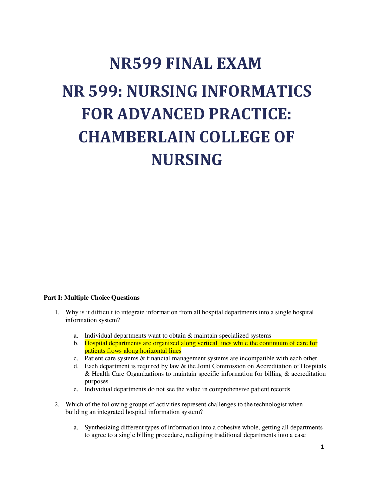 NR 599: NURSING INFORMATICS FOR ADVANCED PRACTICE: CHAMBERLAIN COLLEGE OF NURSING