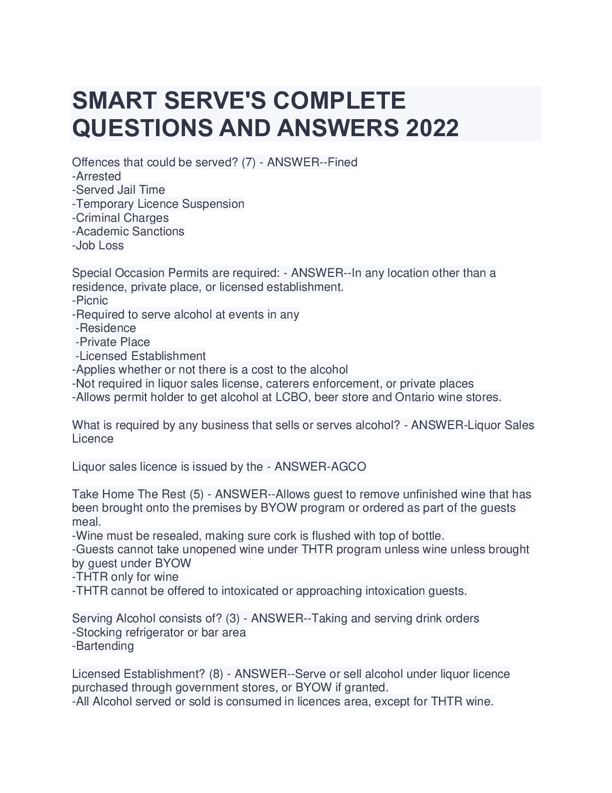 Preview of SMART SERVE'S COMPLETEQUESTIONS AND ANSWERS 2022