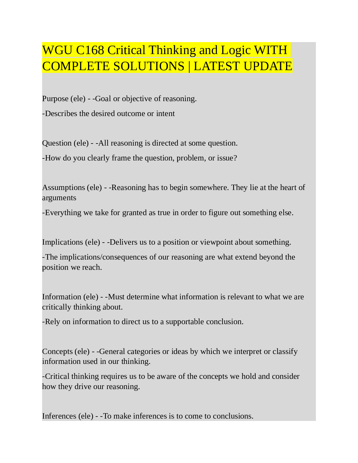 Preview of WGU C168 Critical Thinking and Logic WITHCOMPLETE SOLUTIONS  LATEST UPDATE