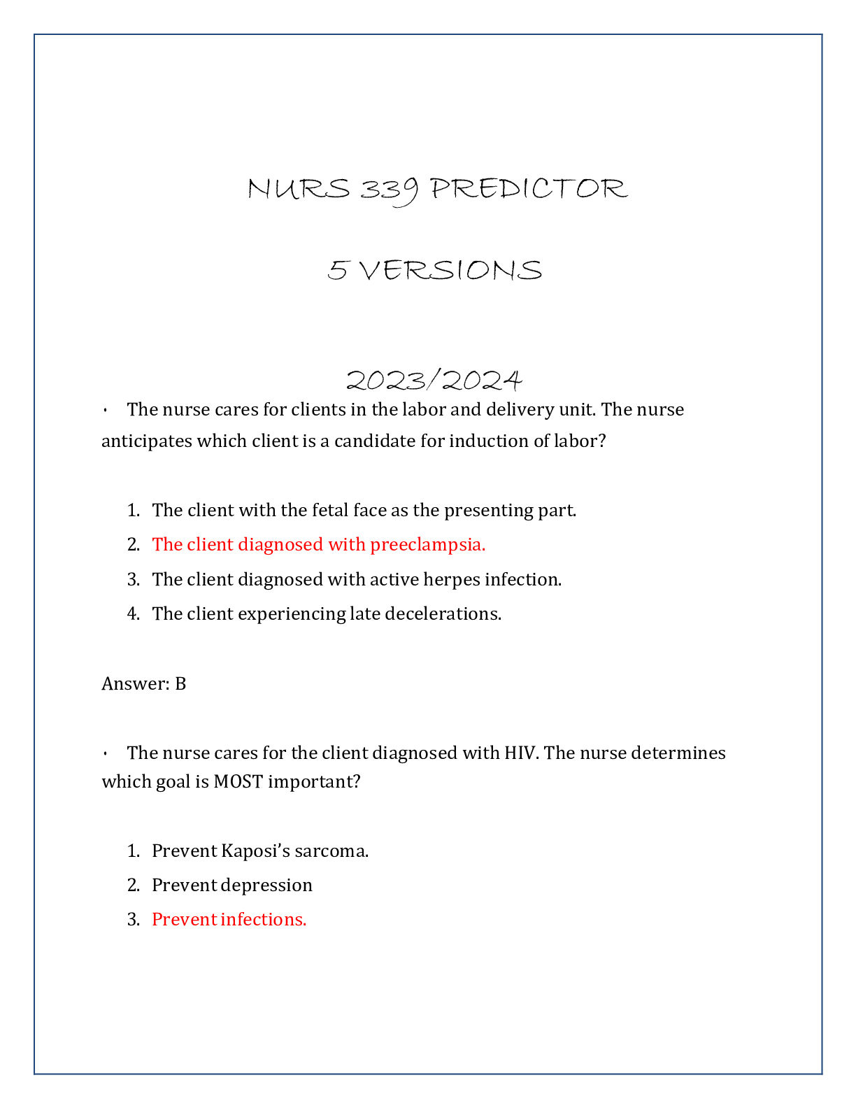 Preview image of NURS 339 PREDICTOR 5 VERSIONS 20232024 document