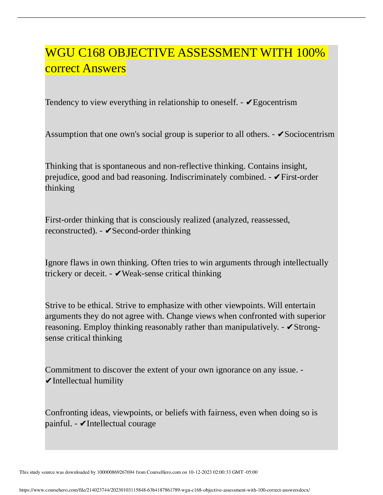 Preview of WGU C168 OBJECTIVE ASSESSMENT WITH 100%correct Answers