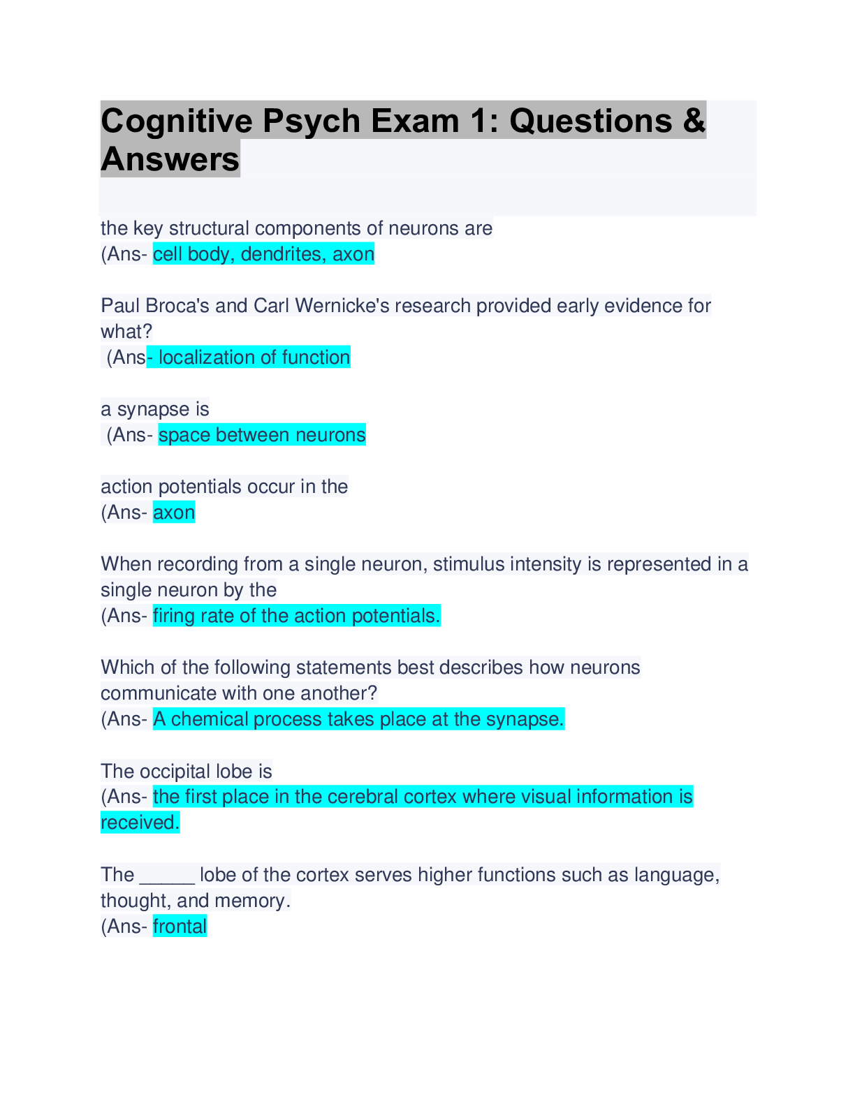 Preview image for Cognitive Psych Exam 1: Questions & Answers:  Updated Solution