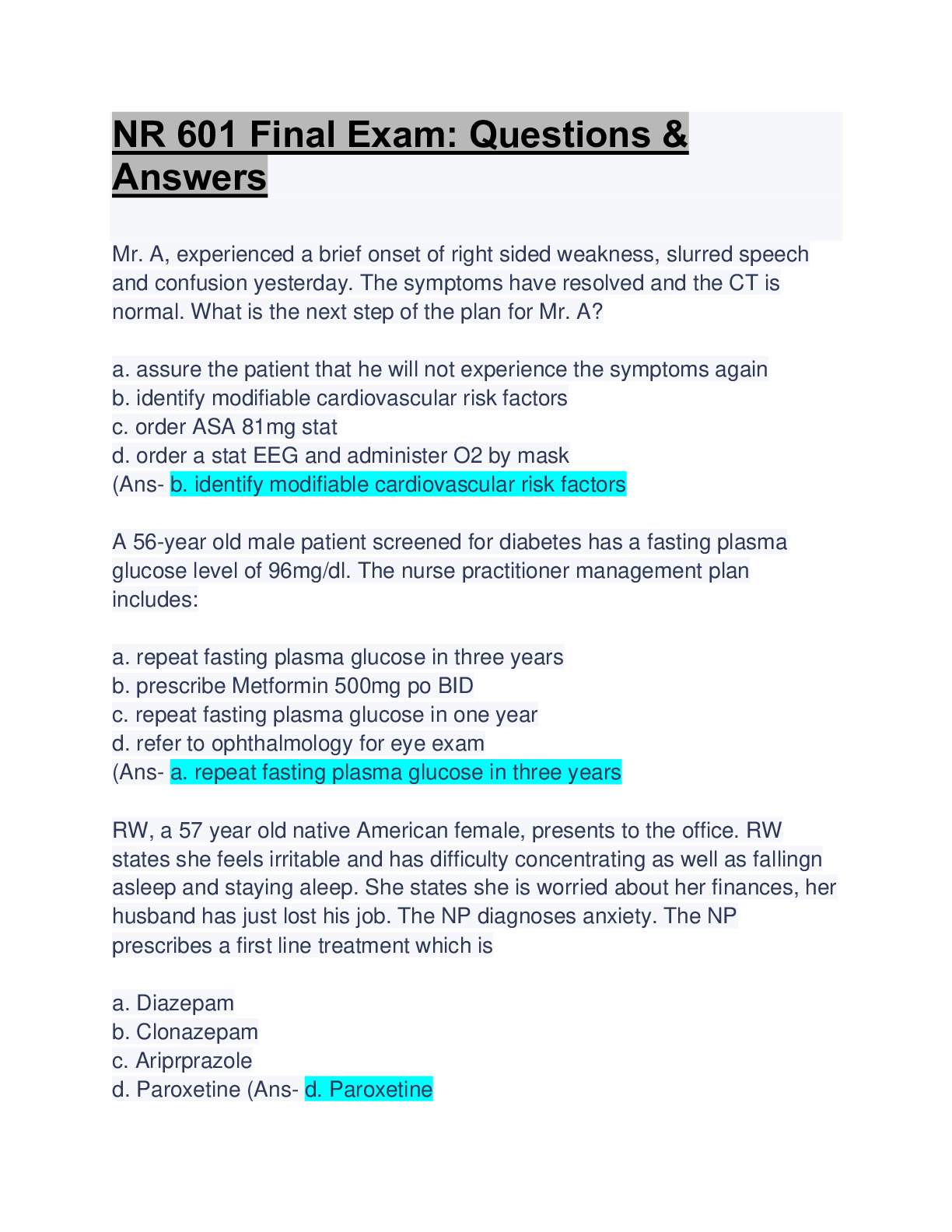 Preview image for NR 601 Final Exam: Questions & Answers: Updated A+ Guide Solution