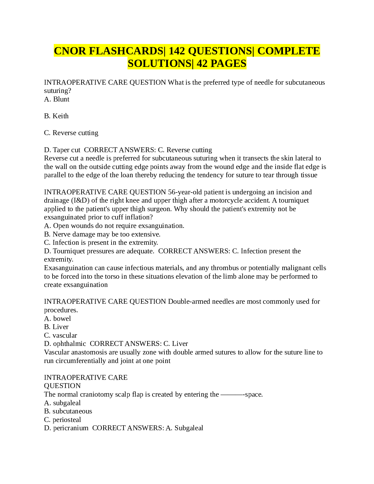 Preview image of CNOR FLASHCARDS 142 QUESTIONS COMPLETESOLUTIONS 42 PAGES document