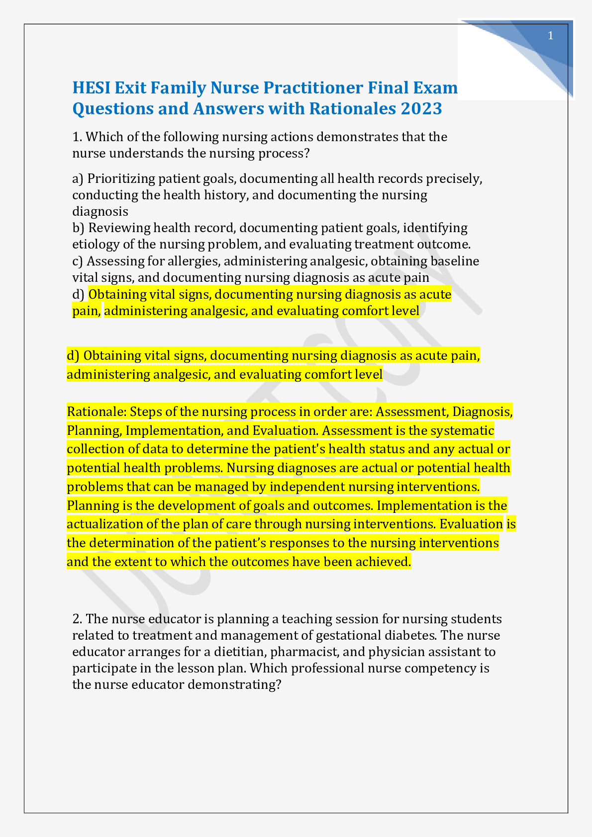 Preview image for HESI Exit Family Nurse Practitioner Final Exam Questions and Answers with Rationales 2023