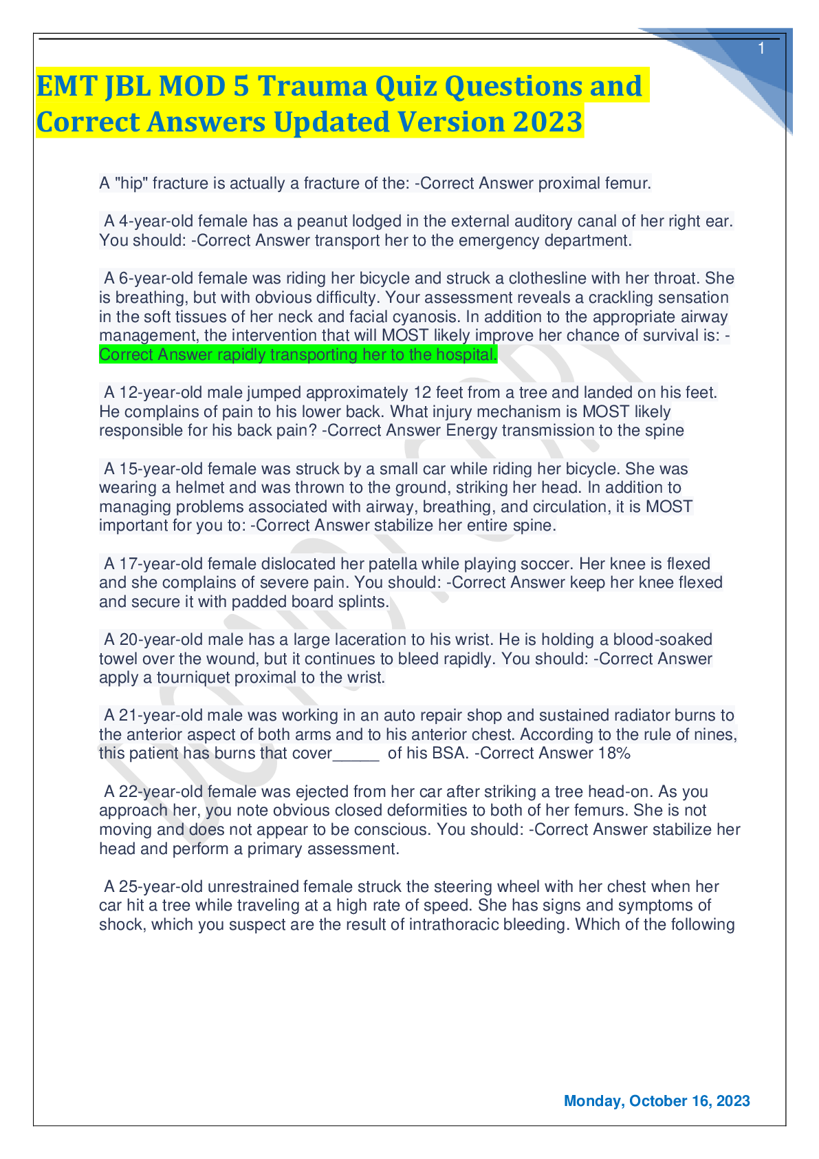 Preview image for EMT JBL MOD 5 Trauma Quiz Questions and Correct Answers Updated Version 2023