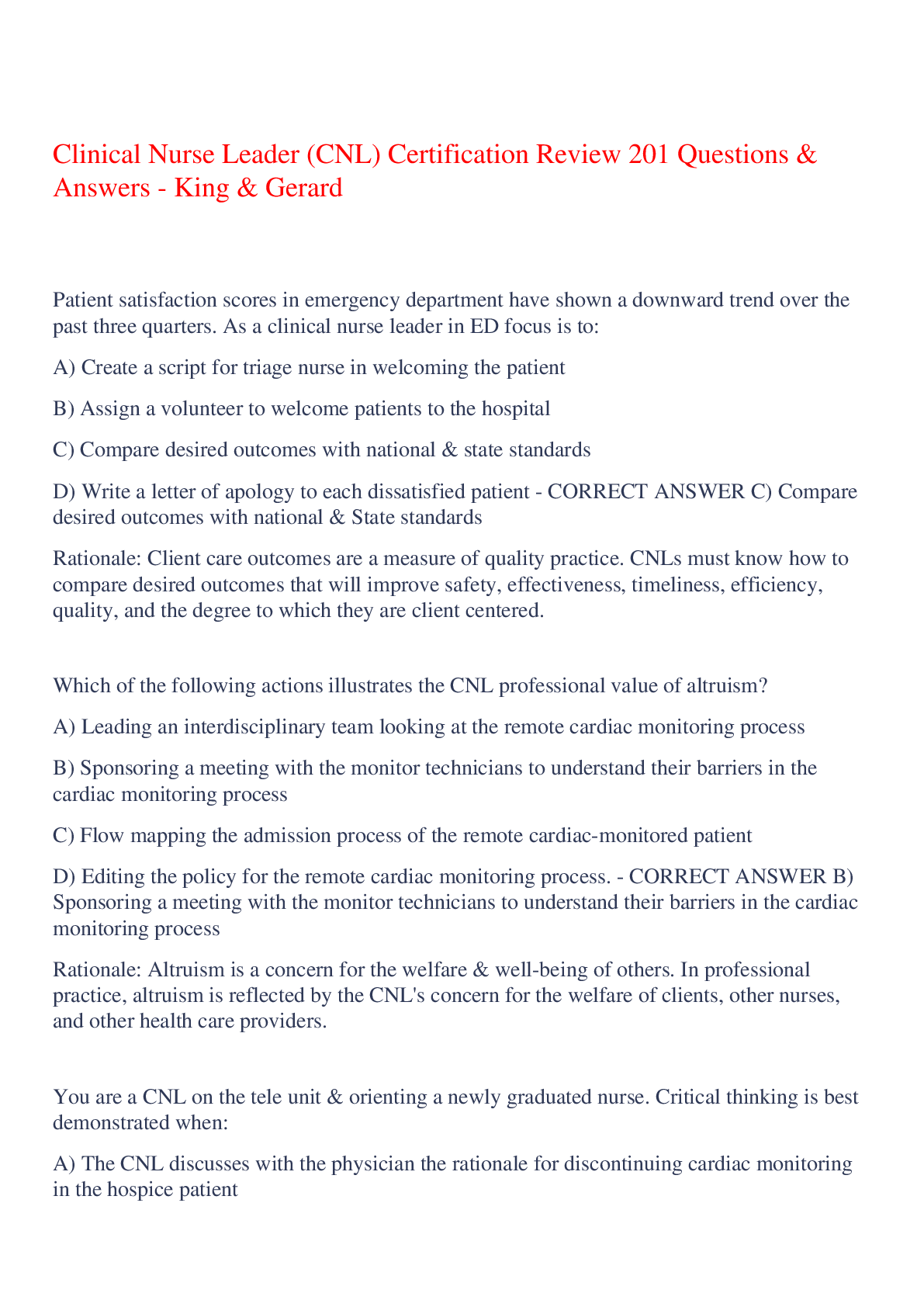 Clinical Nurse Leader (CNL) Certification Review 201 Questions & Answers - King & Gerard,100% CORRECT
