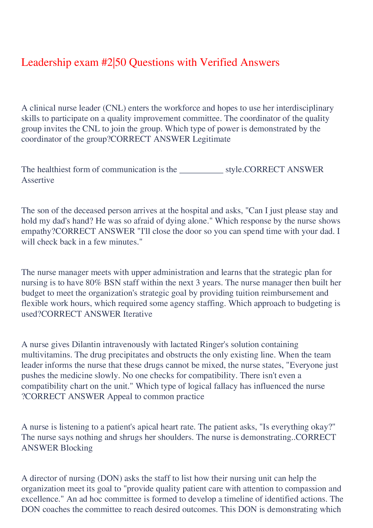 Preview image for Leadership exam #2|50 Questions with Verified Answers,100% CORRECT