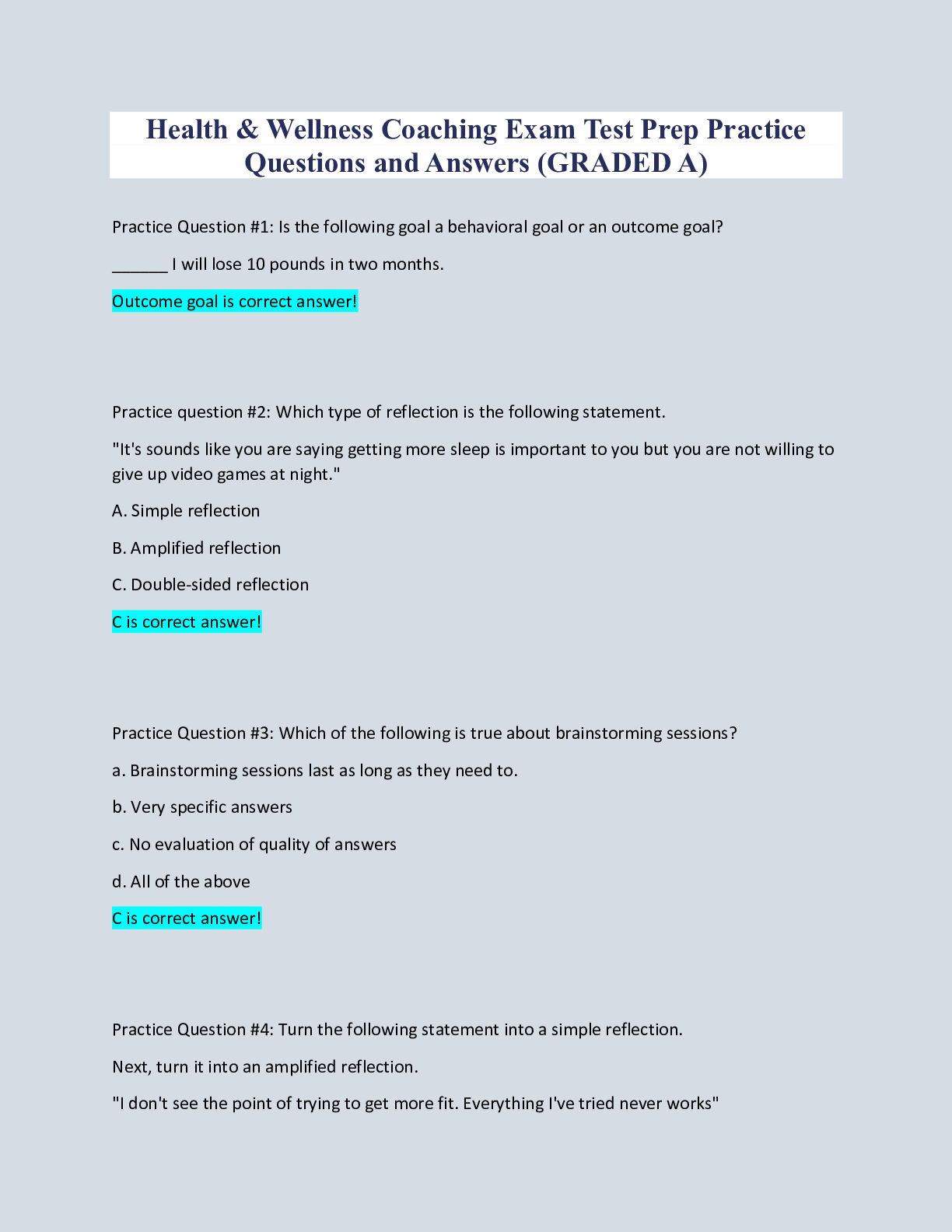 Preview image for Health & Wellness Coaching Exam Test Prep Practice Questions and Answers (GRADED A)