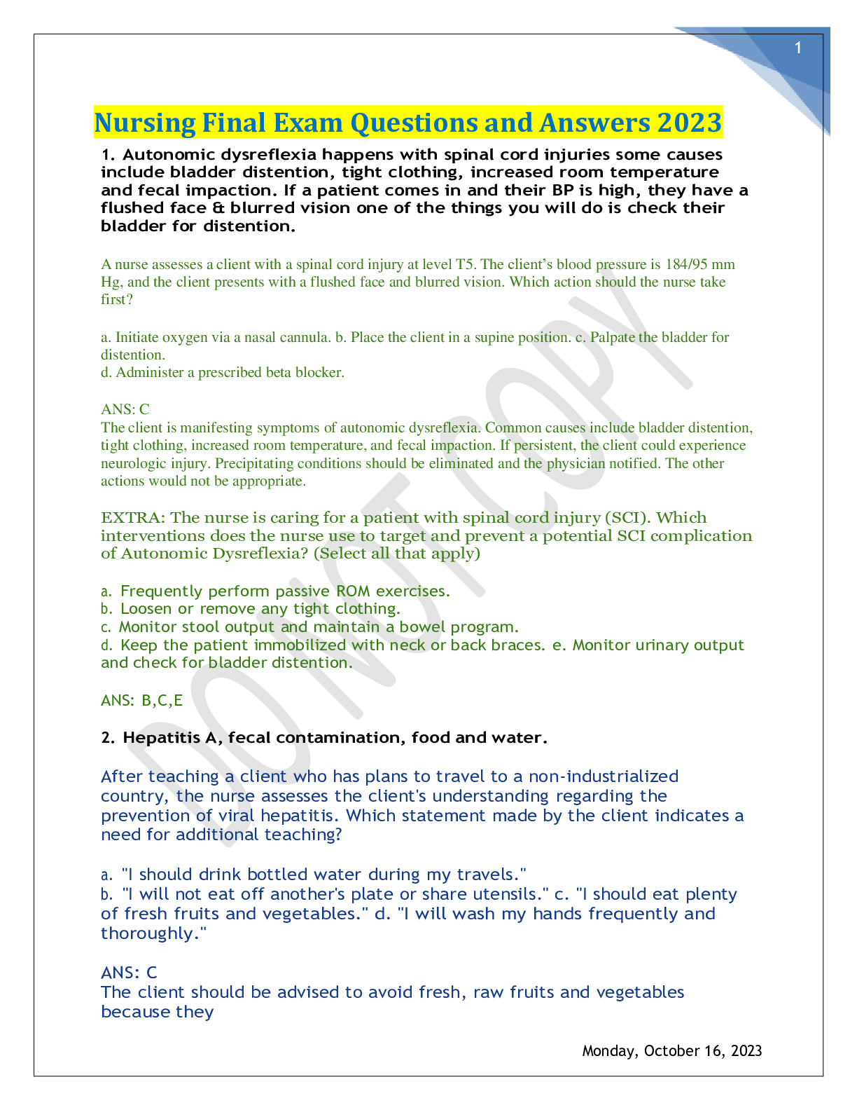 Preview image for Nursing Final Exam Questions and Answers 2023