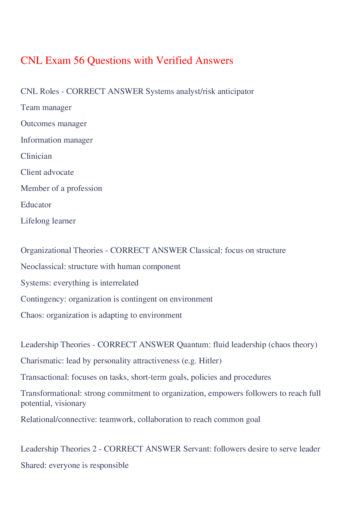 Preview of CNL Exam 56 Questions with Verified Answers,100% CORRECT