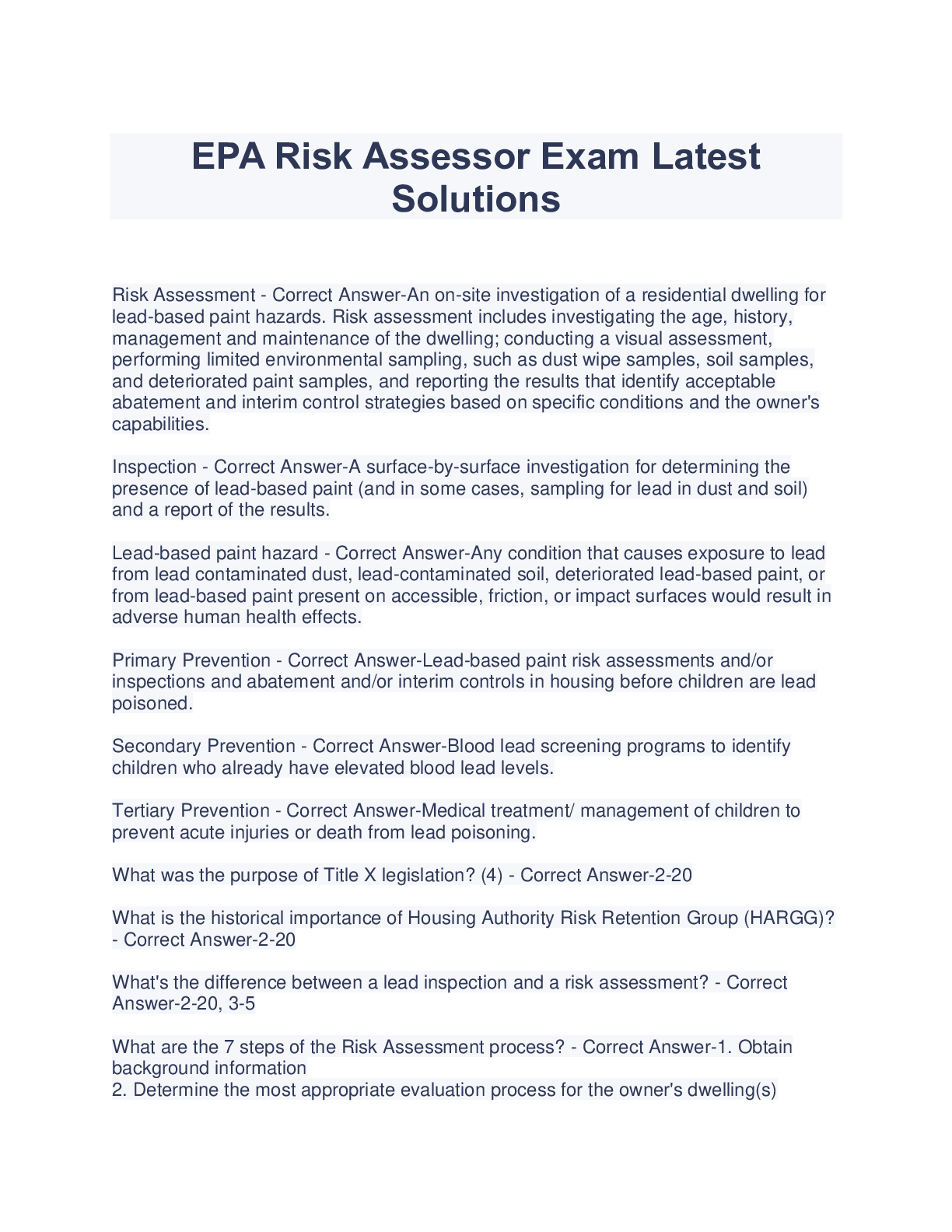 Preview image for EPA Risk Assessor Exam Latest  Solutions