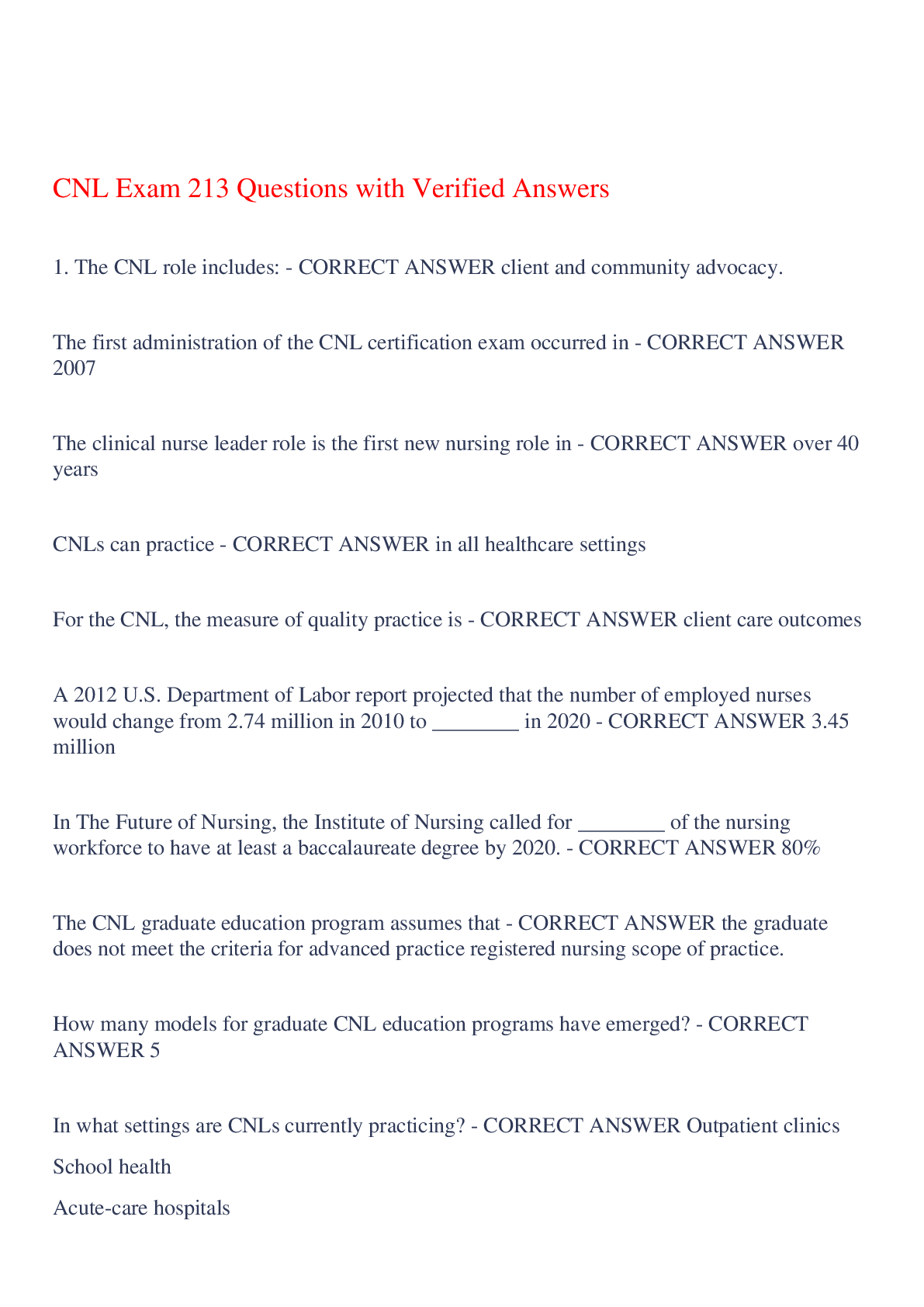 Preview of CNL Exam 213 Questions with Verified Answers,100% CORRECT