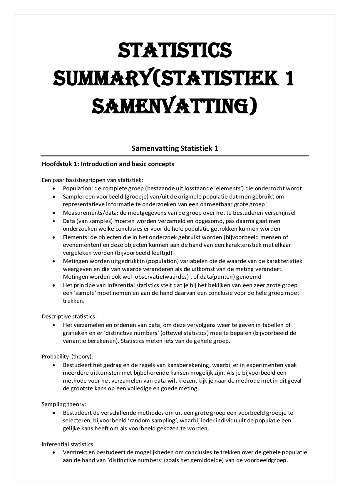 Preview image of STATISTICS SUMMARY( STATISTIEK 1 SAMENVATTING) document