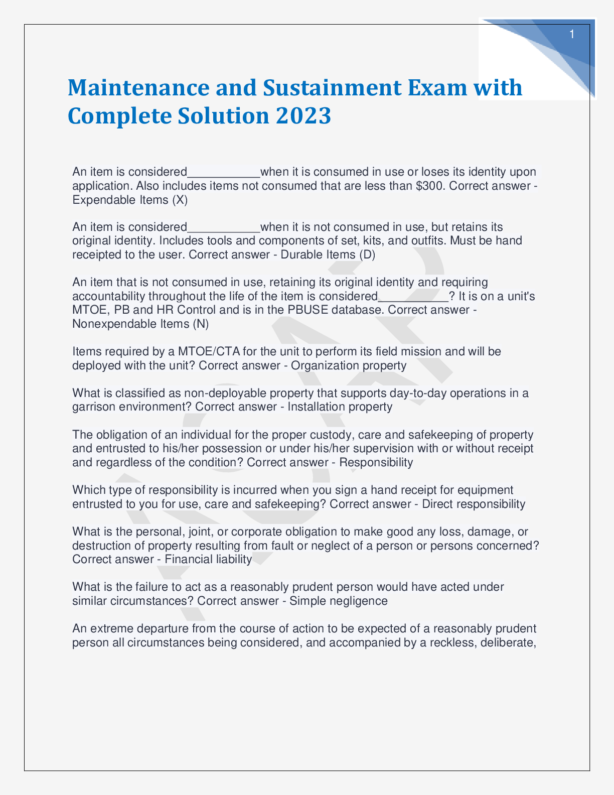 Preview image for Maintenance and Sustainment Exam with Complete Solution 2023