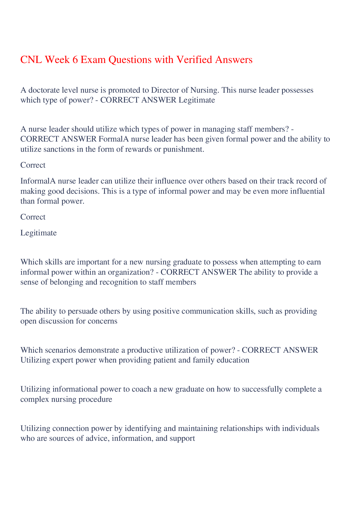 Preview image for CNL Week 6 Exam Questions with Verified Answers,100% CORRECT