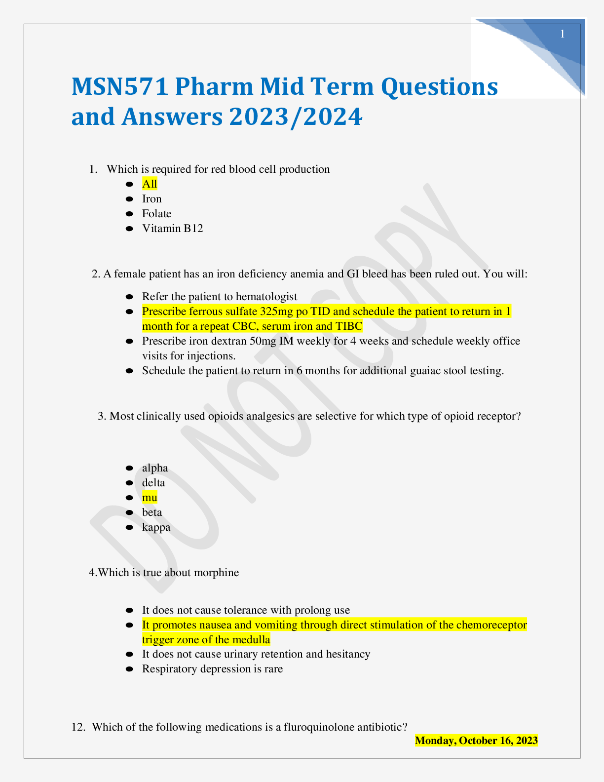 Preview image for MSN571 Pharm Mid Term Questions and Answers 2023/2024