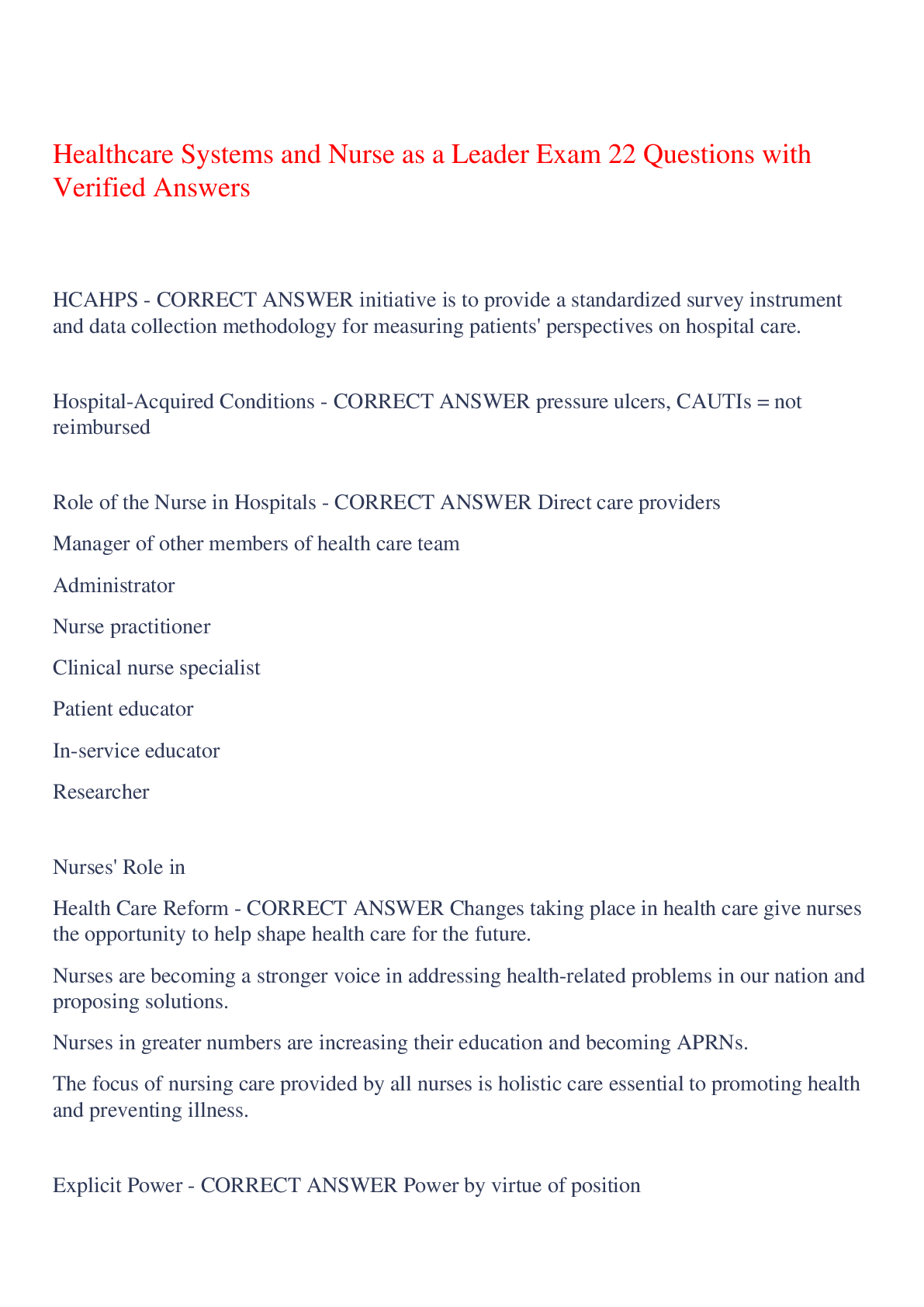 Preview image for Healthcare Systems and Nurse as a Leader Exam 22 Questions with Verified Answers,100% CORRECT