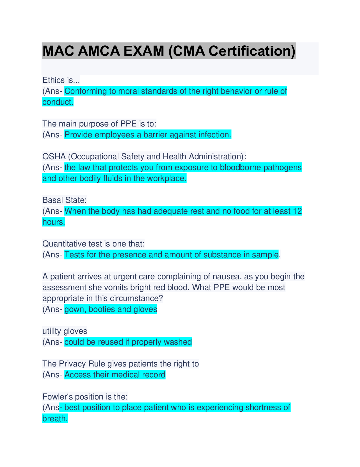 Preview image for MAC AMCA EXAM (CMA Certification): Questions & Answers: Guaranteed A+