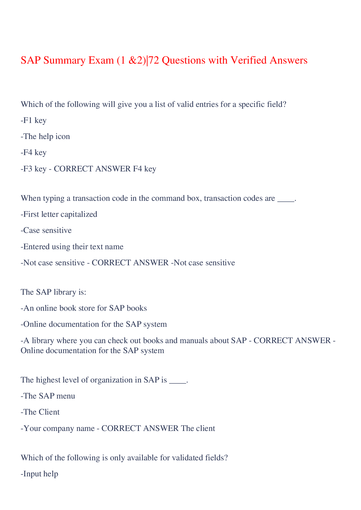 Preview image of SAP Summary Exam (1 &2)|72 Questions with Verified Answers,100% CORRECT document