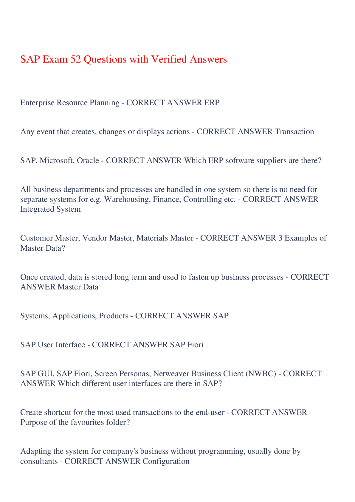 Preview image of SAP Exam 52 Questions with Verified Answers,100% CORRECT document