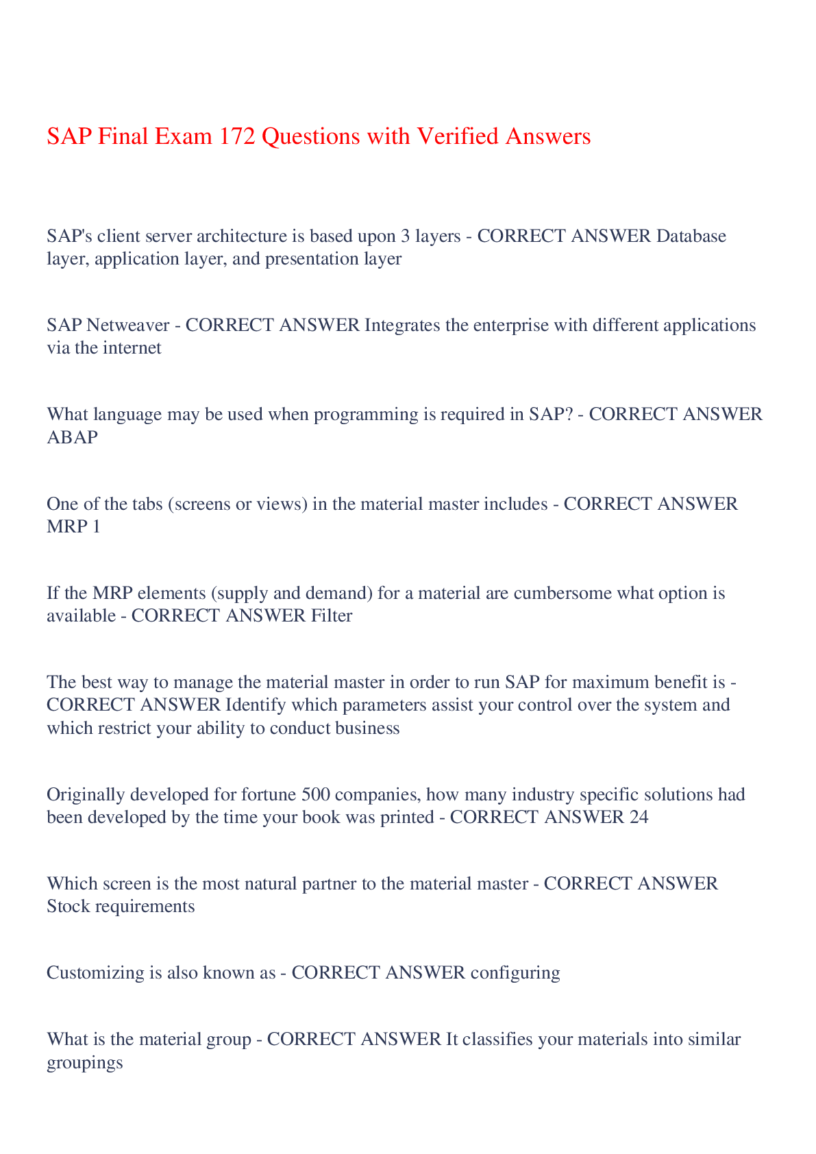 Preview image of SAP Final Exam 172 Questions with Verified Answers,100% CORRECT document