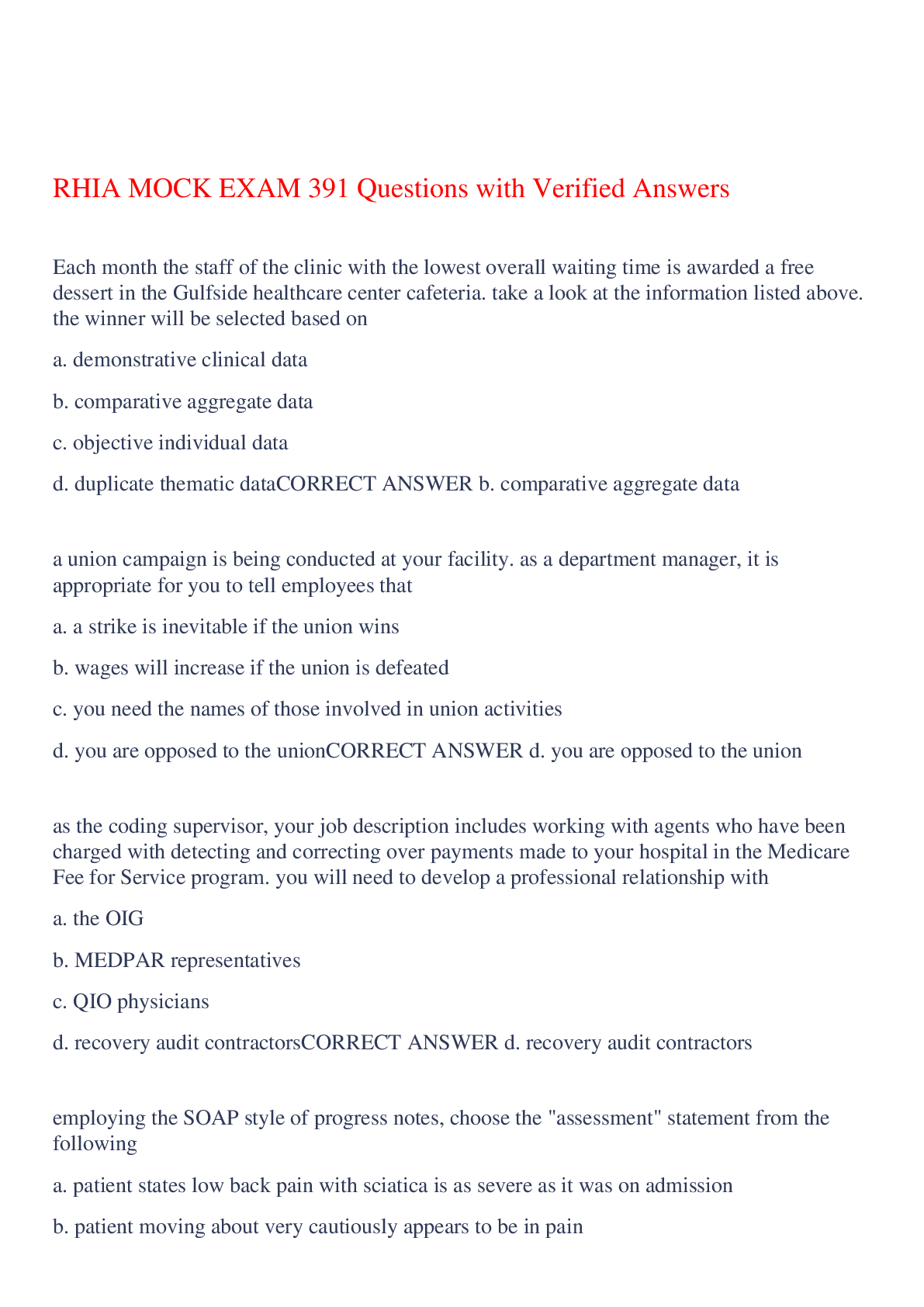 RHIA MOCK EXAM 391 Questions with Verified Answers,100% CORRECT