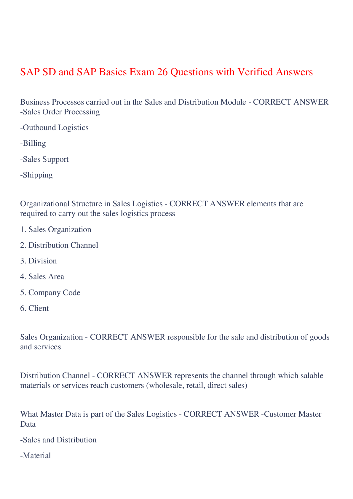 Preview image of SAP SD and SAP Basics Exam 26 Questions with Verified Answers,100% CORRECT document