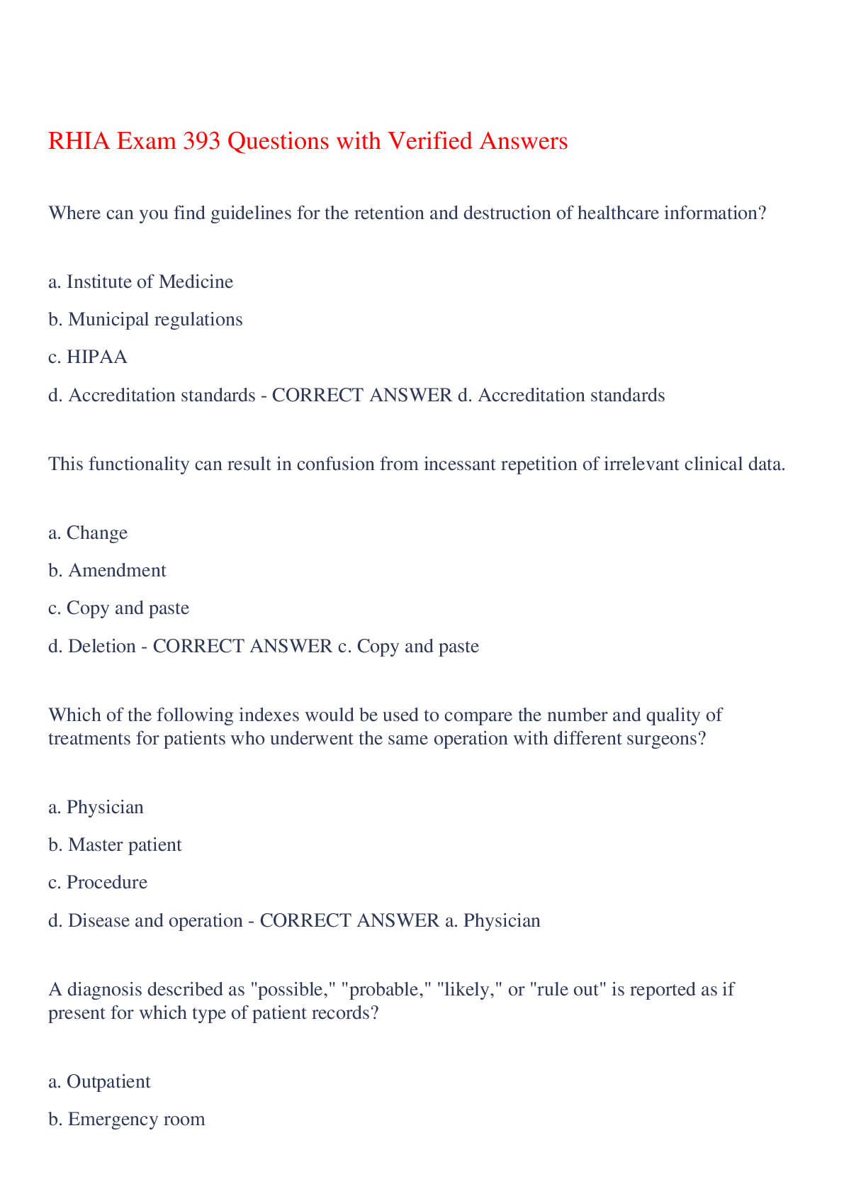 RHIA Exam 393 Questions with Verified Answers,100% CORRECT