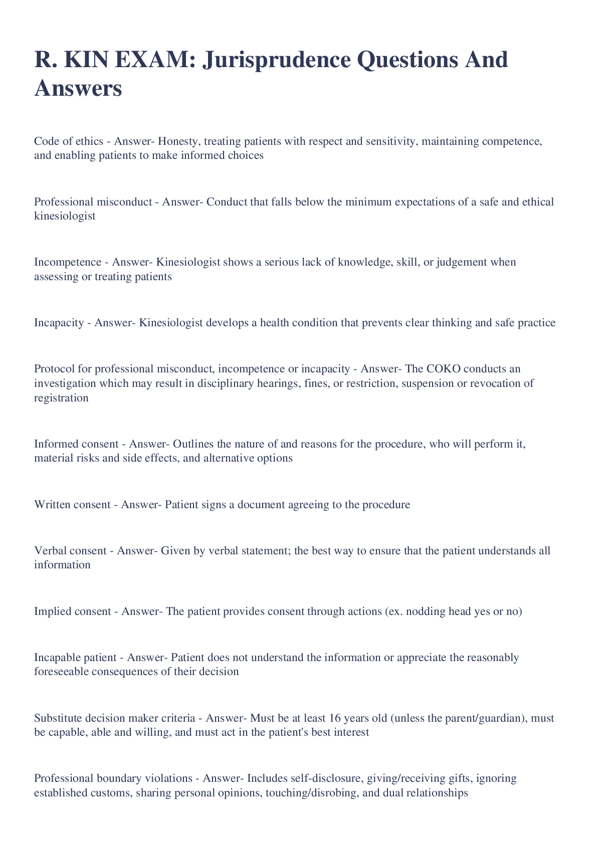 R. KIN EXAM: Jurisprudence Questions And Answers