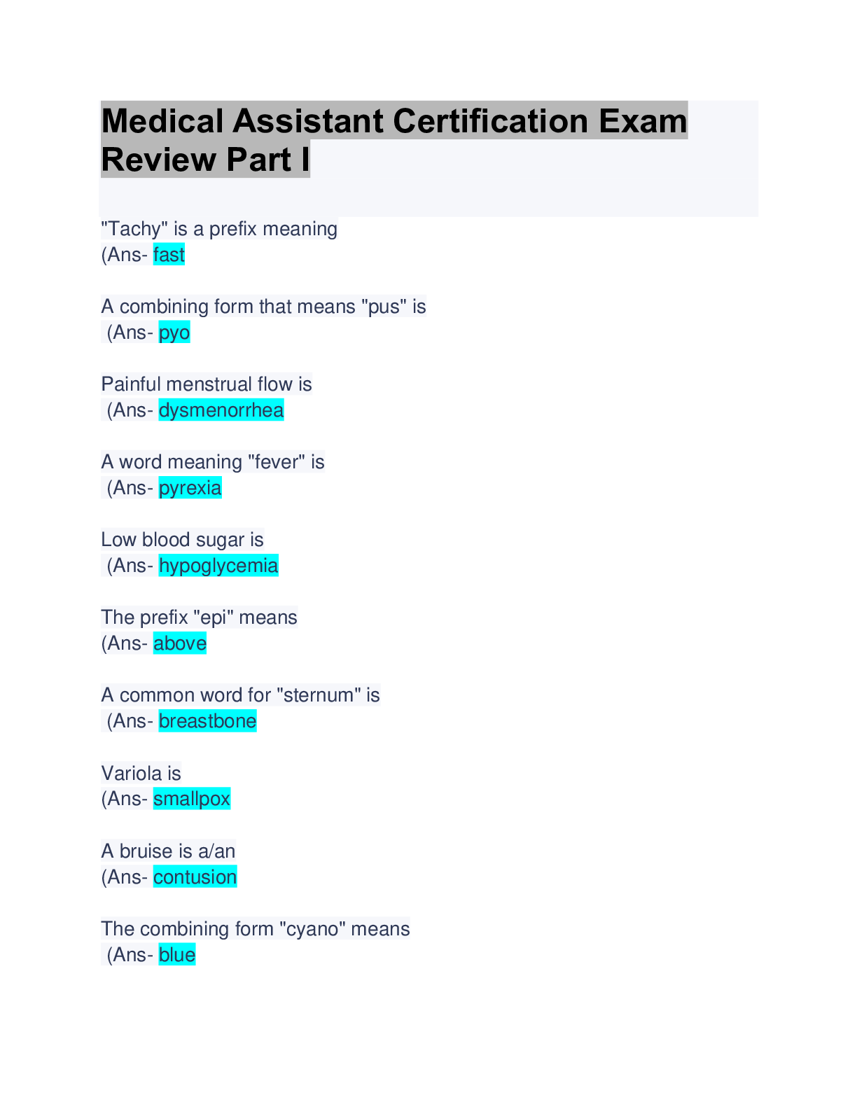 Preview image for Medical Assistant Certification Exam Review Part I : Questions &  Answers : Updated Solution