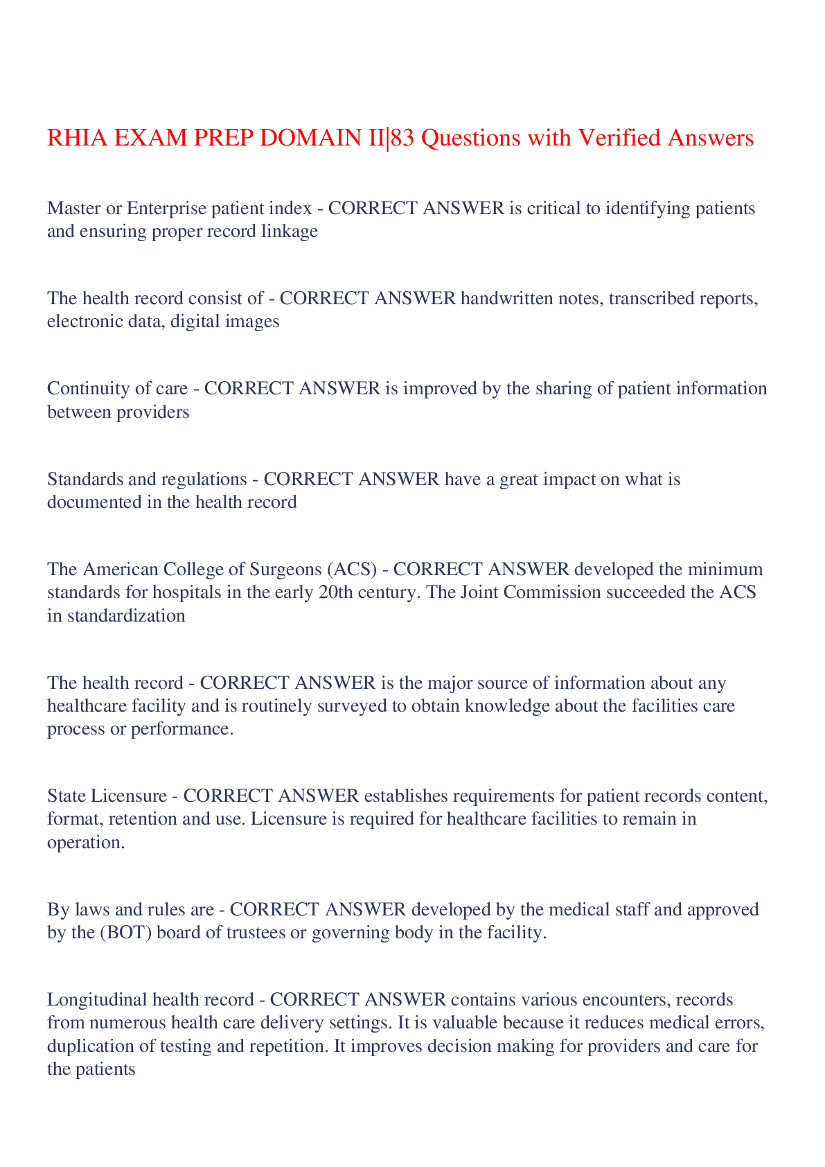 Preview of RHIA EXAM PREP DOMAIN II|83 Questions with Verified Answers,100% CORRECT